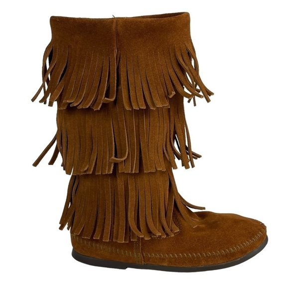 MINNETONKA 1632 3 LAYER FRINGE CALF HIGH SUEDE LEATHER SLIP ON MOCCASIN BOOTS - Picture 3 of 14